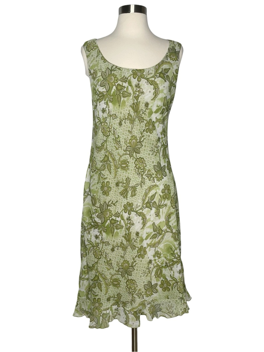 Connected Apparel Sleeveless Green Floral Ruffled Hem Dress SZ 6 Party Feminine